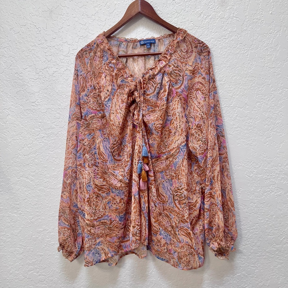 Democracy Womens 3X Paisley Boho‎ Blouse Orange Brown Tassel Tie
